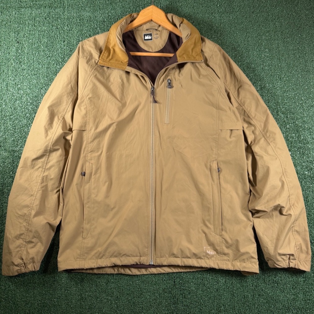 REI Windbreaker Jacket Mens Large Tan Good Full Zip Hooded Lightweight Outdoor